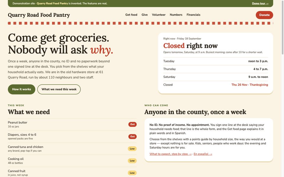 Quarry Road Food Pantry home page